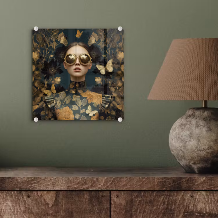 Glas schilderij - Vrouw - Bladeren - Goud - Vlinders — 4
