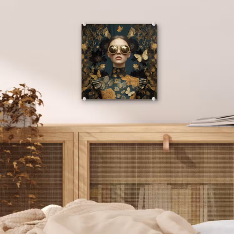 Glas schilderij - Vrouw - Bladeren - Goud - Vlinders — 5