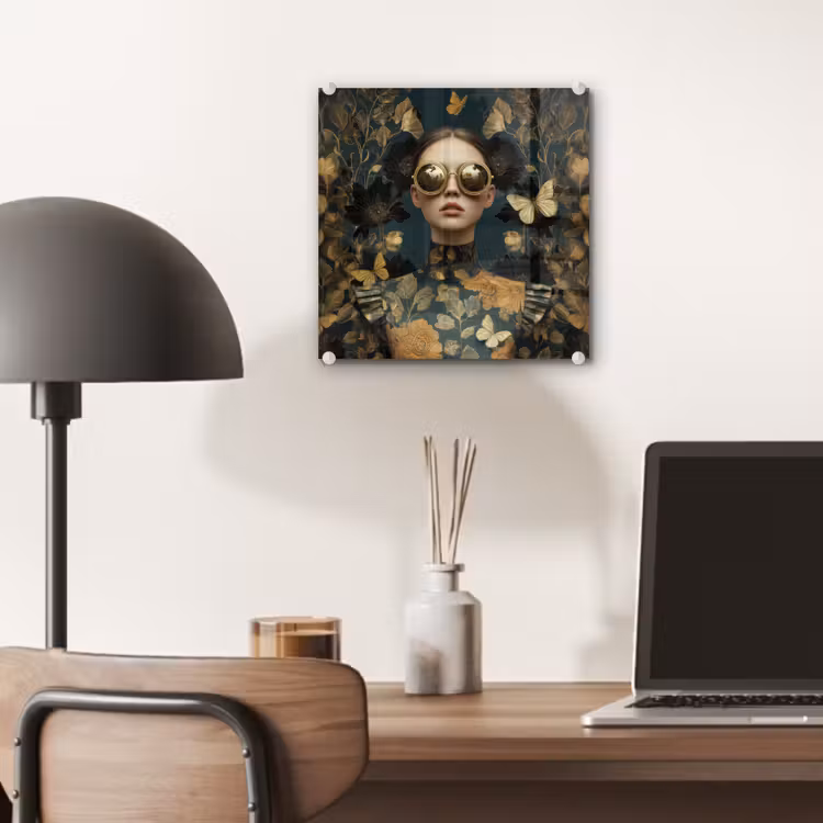 Glas schilderij - Vrouw - Bladeren - Goud - Vlinders — 7