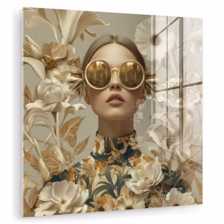 Glas schilderij - Vrouw met Zonnebril Beige Bloemen