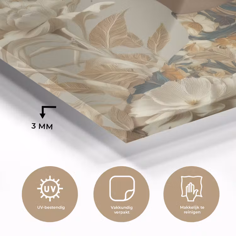 Glas schilderij - Vrouw met Zonnebril Beige Bloemen — 3