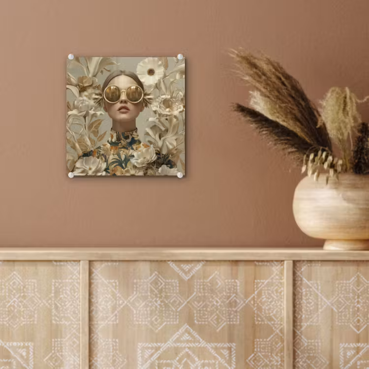 Glas schilderij - Vrouw met Zonnebril Beige Bloemen — 6