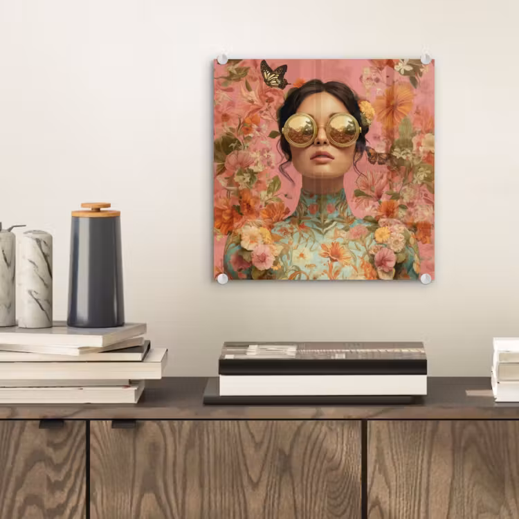 Glas schilderij - Vrouw - Bril - Roze - Bloemen — 2