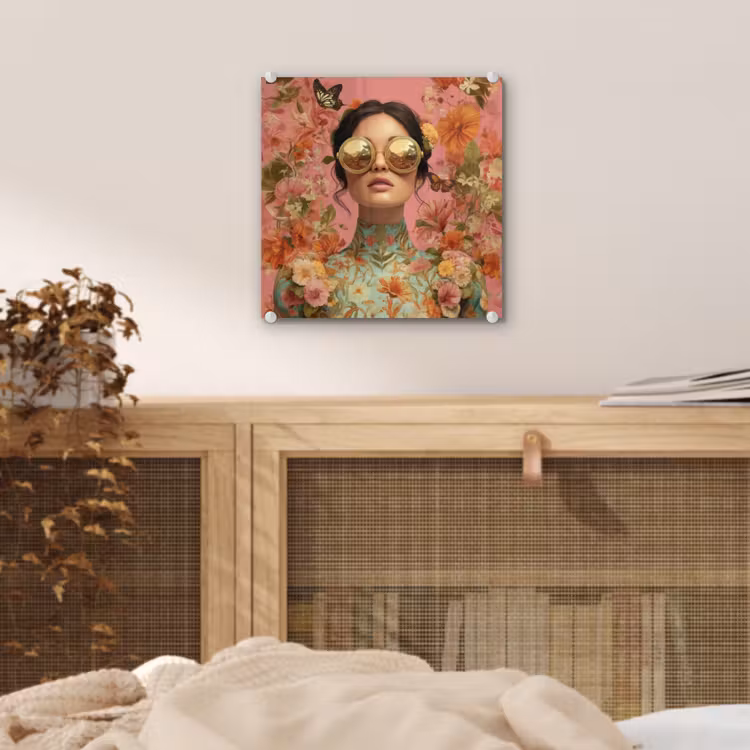 Glas schilderij - Vrouw - Bril - Roze - Bloemen — 5