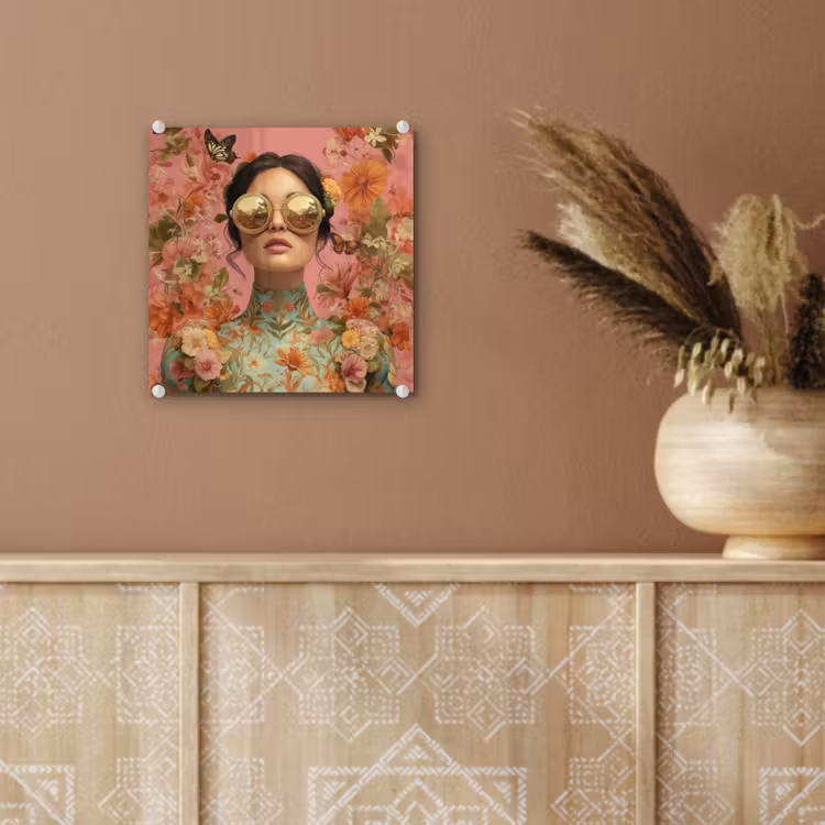 Glas schilderij - Vrouw - Bril - Roze - Bloemen — 6