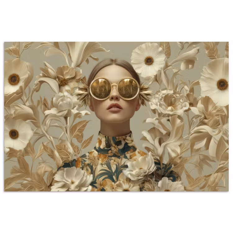 Poster - Vrouw met Zonnebril Beige Bloemen