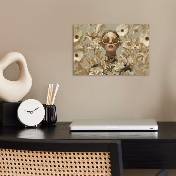 Poster - Vrouw met Zonnebril Beige Bloemen — 2