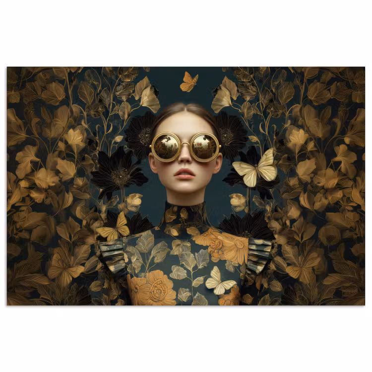 Poster - Vrouw met Zonnebril Gouden Bloemen