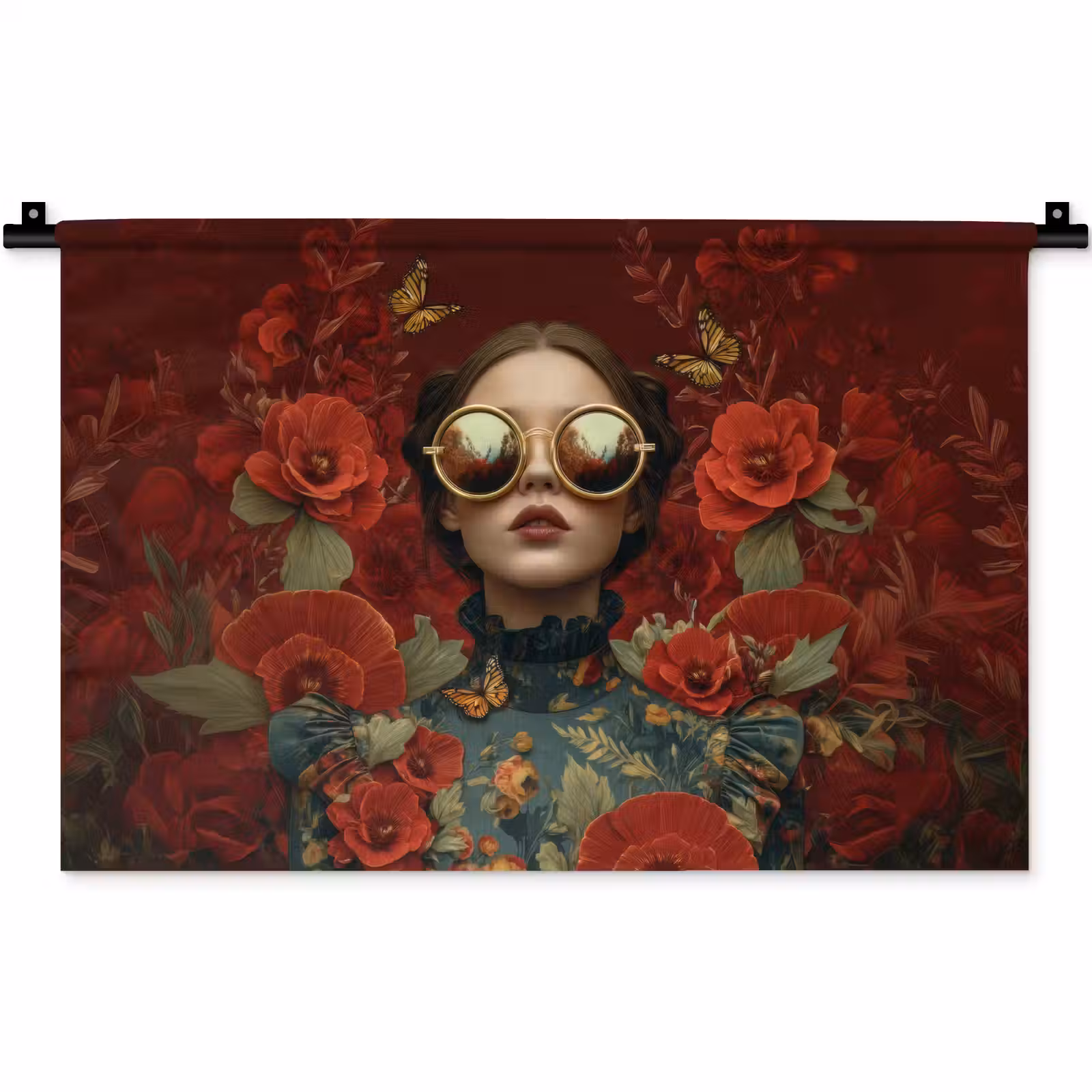 Wandkleed - Bloemen - Dieprood - Zonnebril - Vrouw — 1