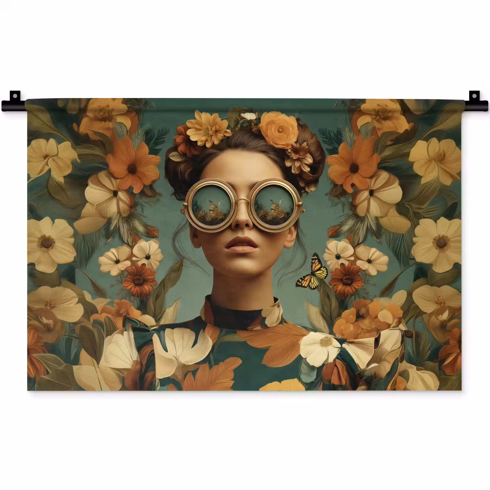 Wandkleed - Bloemenkrans - Vrouwengezicht - Zonnebril - Oranje — 1