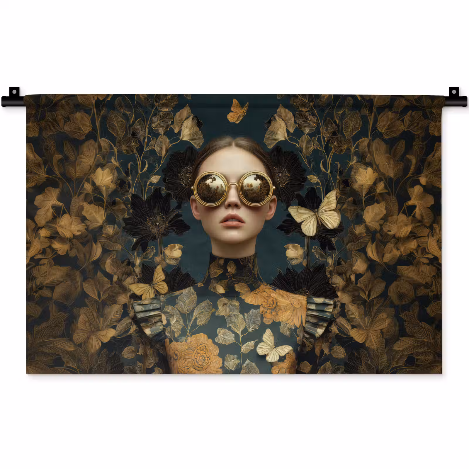 Wandkleed - Vrouw - Bladeren - Goud - Vlinders — 1