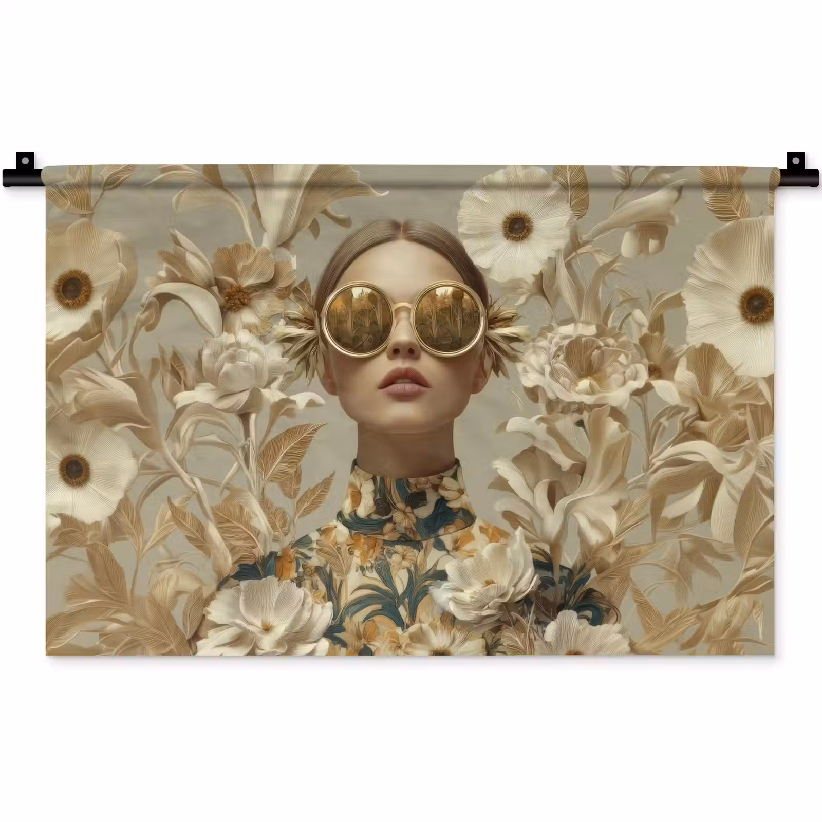 Wandkleed - Vrouw - Bloemen - Zonnebril - Wit — 1