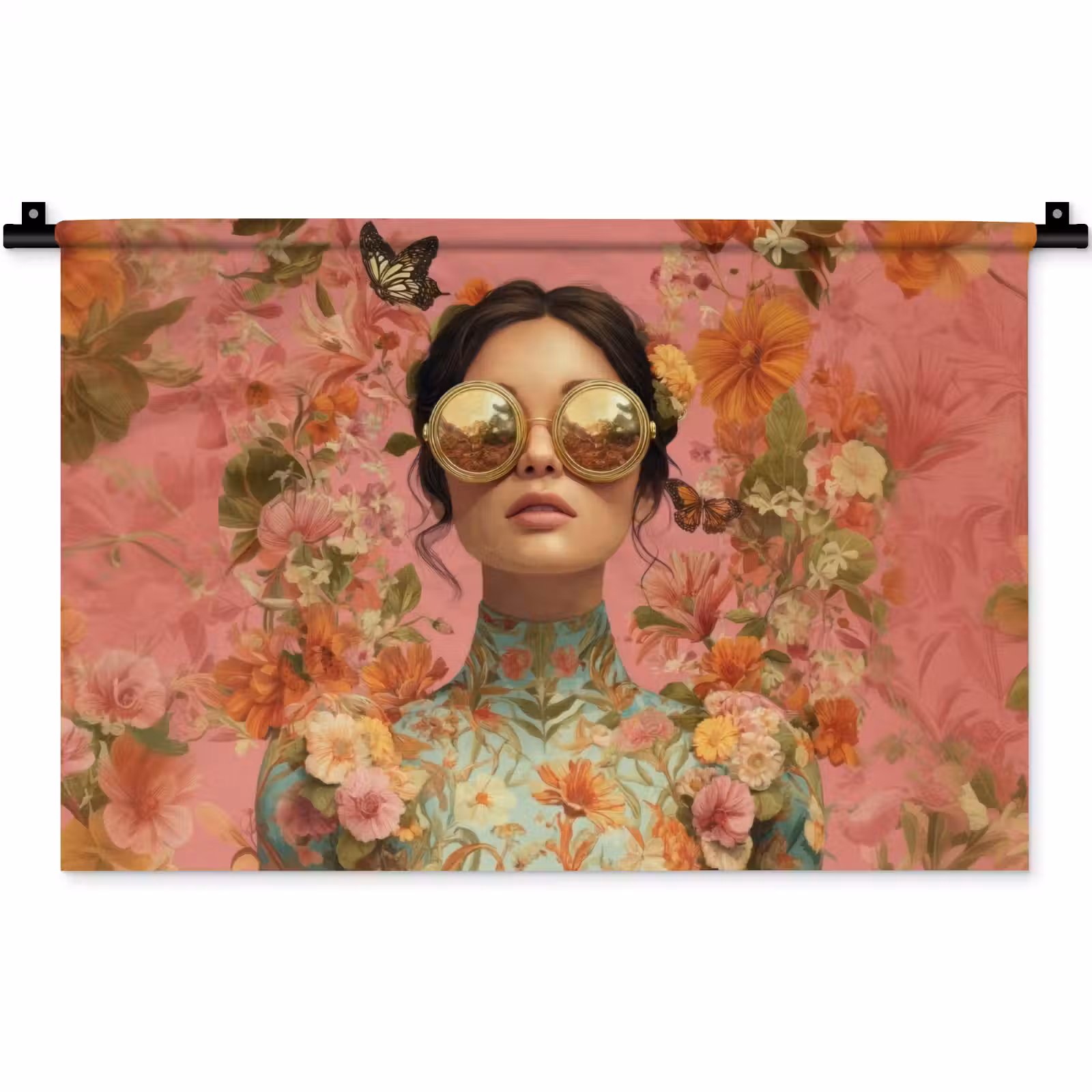 Wandkleed - Vrouw - Bril - Roze - Bloemen — 1