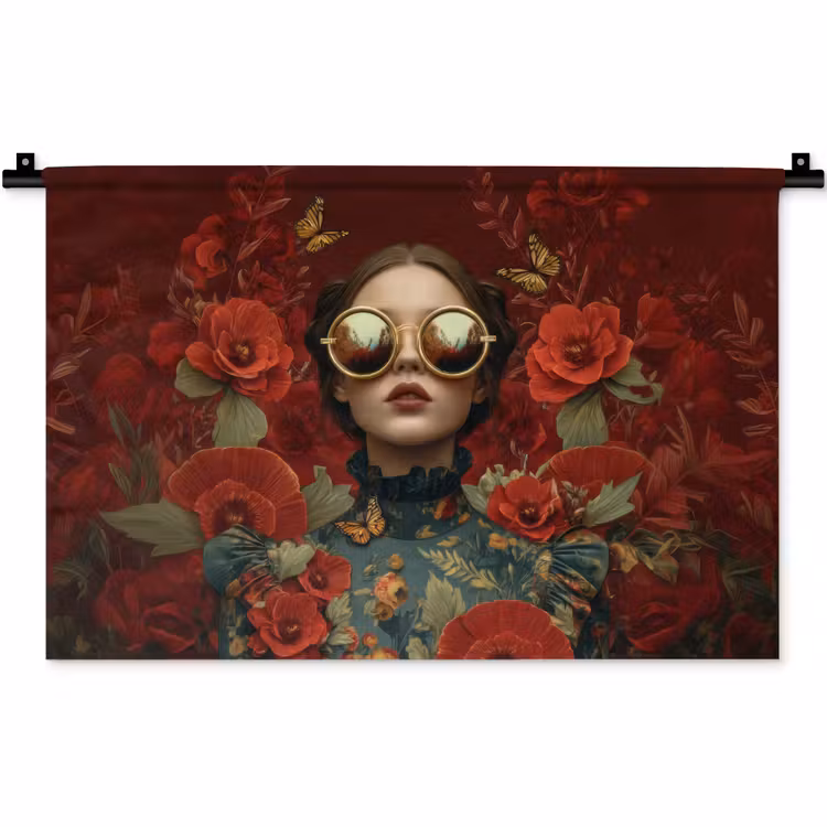 Wandkleed - Bloemen - Dieprood - Zonnebril - Vrouw — 1