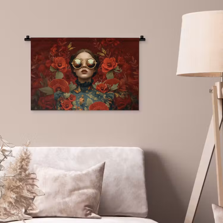 Wandkleed - Bloemen - Dieprood - Zonnebril - Vrouw — 2