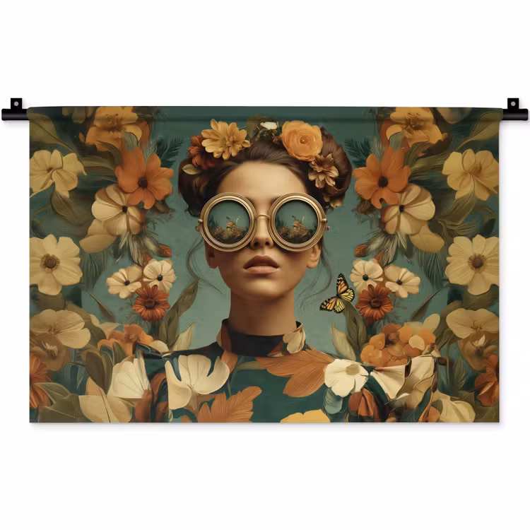 Wandkleed - Bloemenkrans - Vrouwengezicht - Zonnebril - Oranje — 1