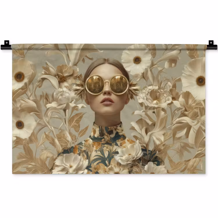 Wandkleed - Vrouw - Bloemen - Zonnebril - Wit — 1