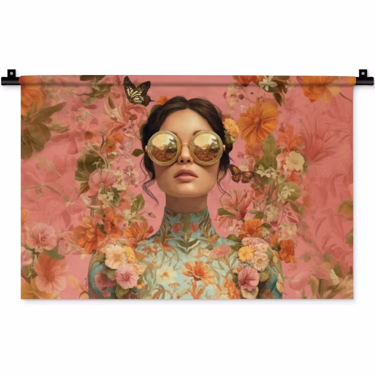 Wandkleed - Vrouw - Bril - Roze - Bloemen — 1