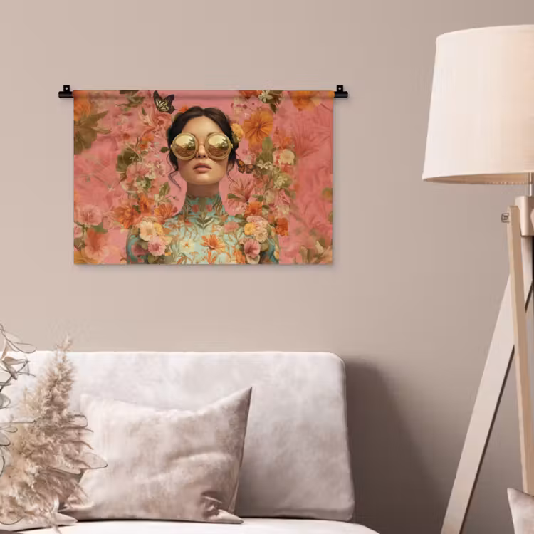 Wandkleed - Vrouw - Bril - Roze - Bloemen — 2