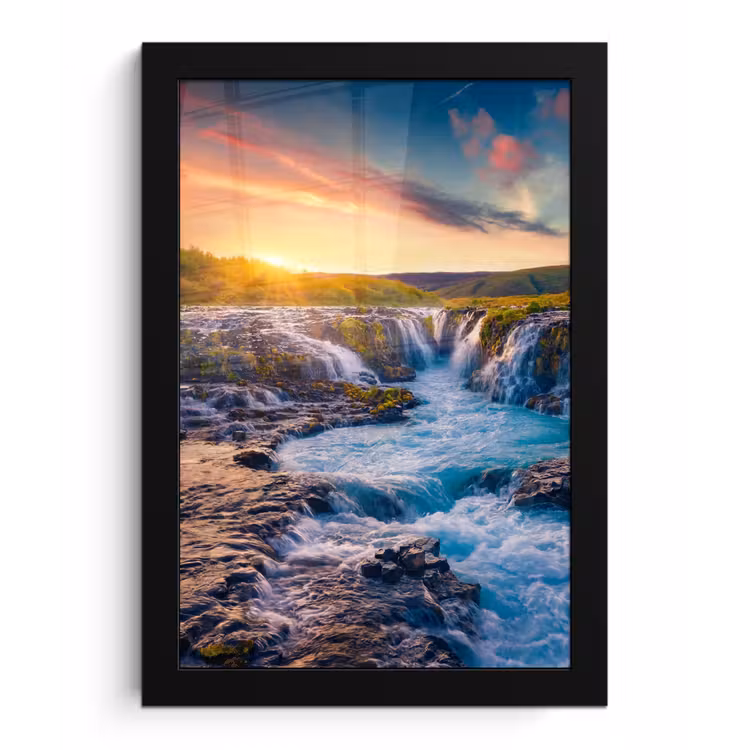 Poster met lijst - Waterval - Planten - Mos - Landschap - Zonsondergang - Rots — 1