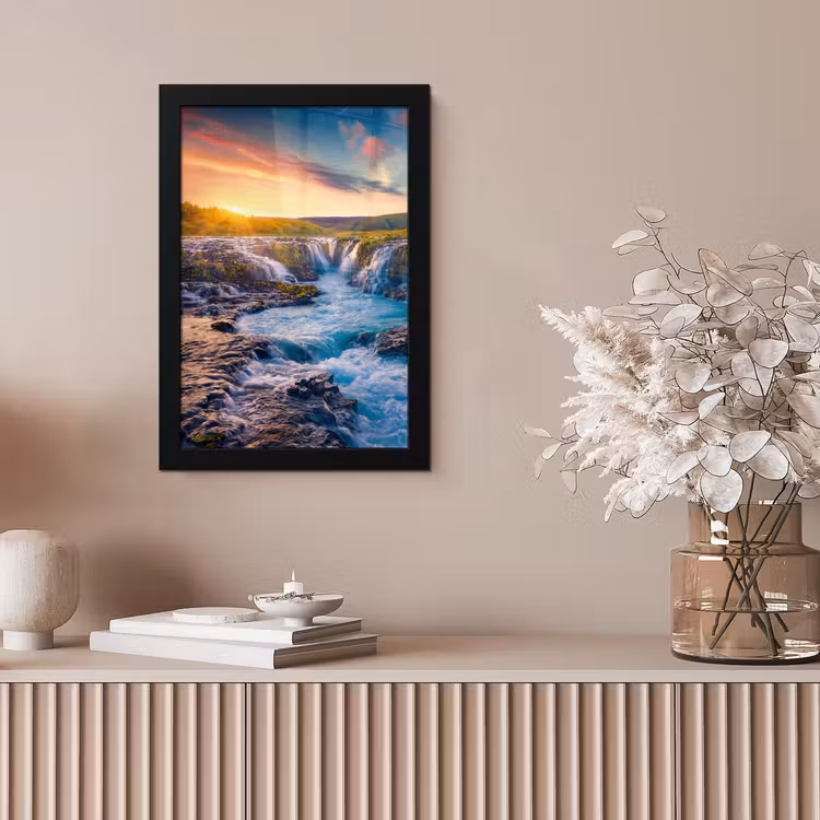Poster met lijst - Waterval - Planten - Mos - Landschap - Zonsondergang - Rots — 5