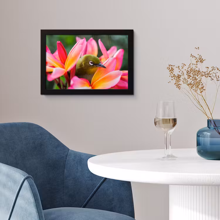 Poster met lijst - Tropische vogel tussen roze bloem — 4
