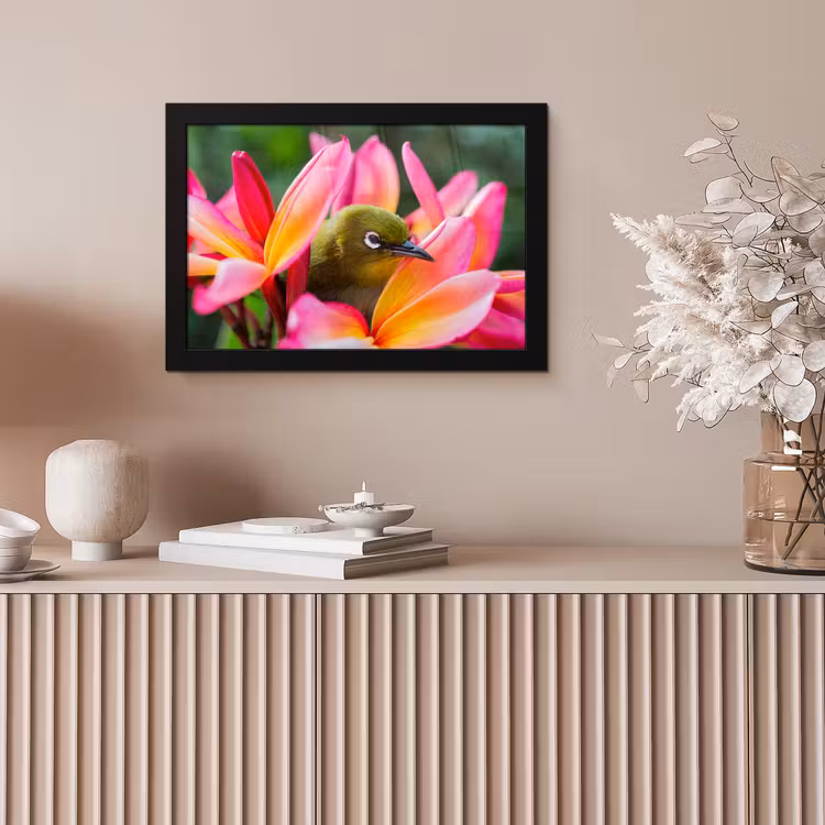 Poster met lijst - Tropische vogel tussen roze bloem — 5