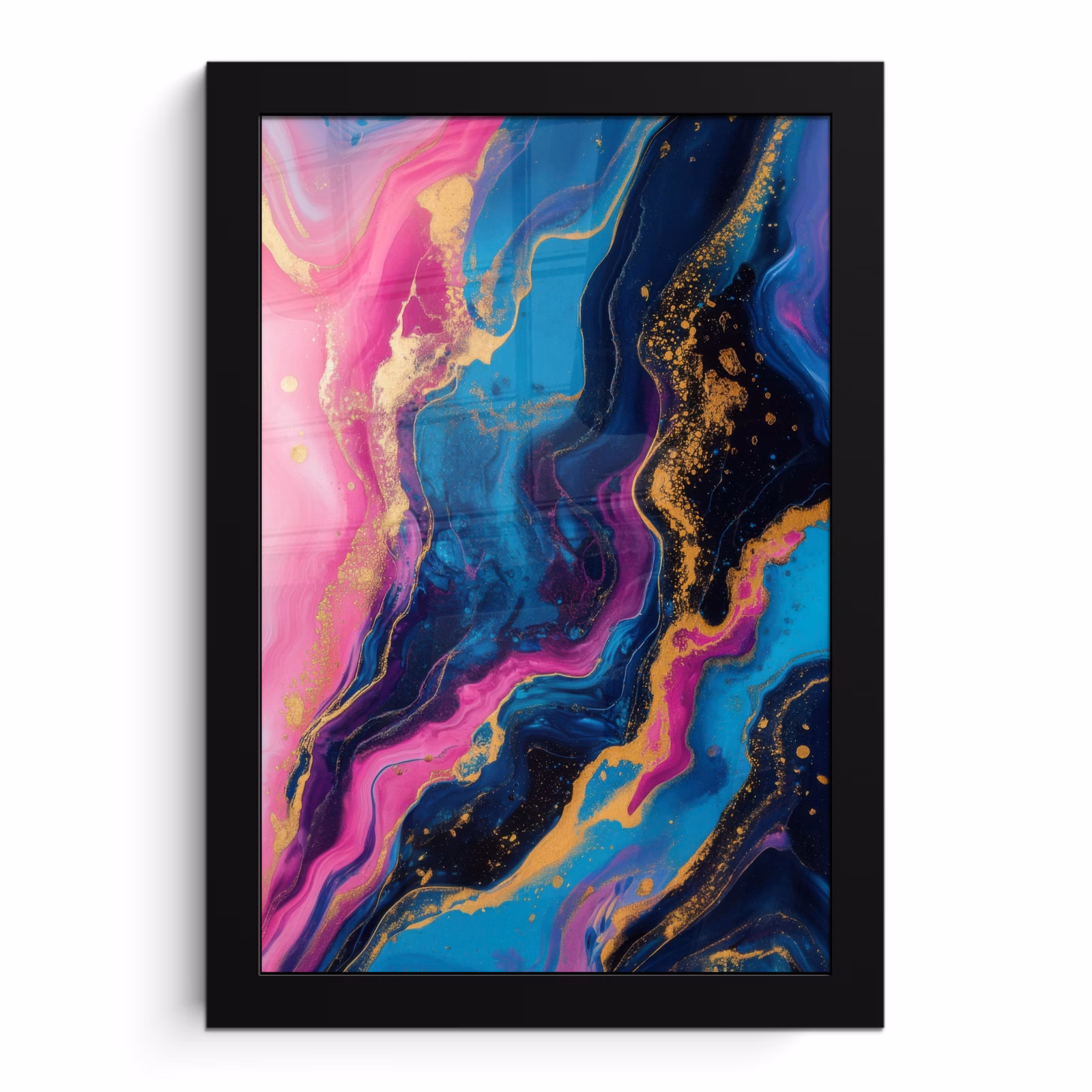 Poster met lijst - Abstracte Vloeibare Verf Blauw Goud — 1