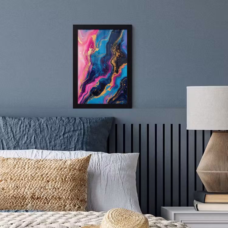 Poster met lijst - Abstracte Vloeibare Verf Blauw Goud — 3