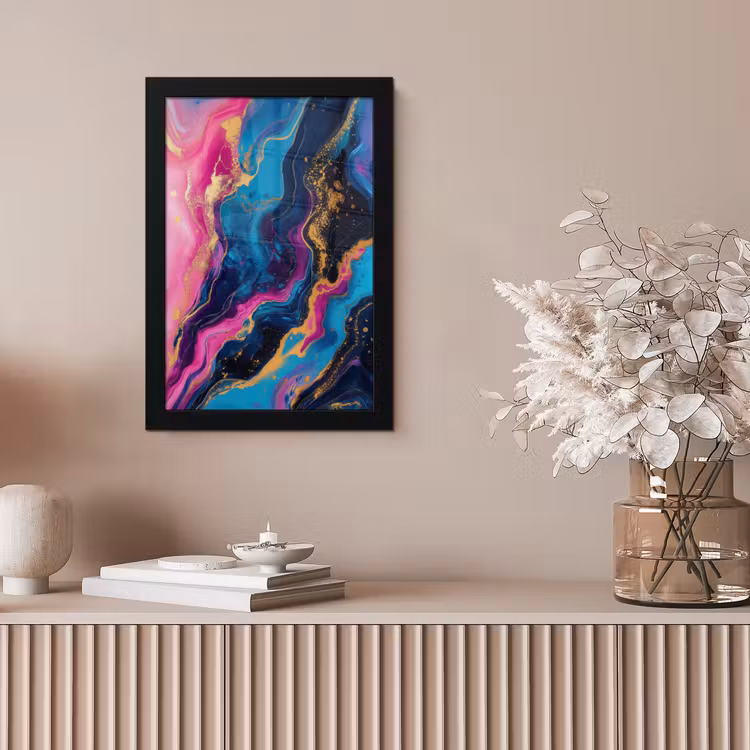 Poster met lijst - Abstracte Vloeibare Verf Blauw Goud — 5
