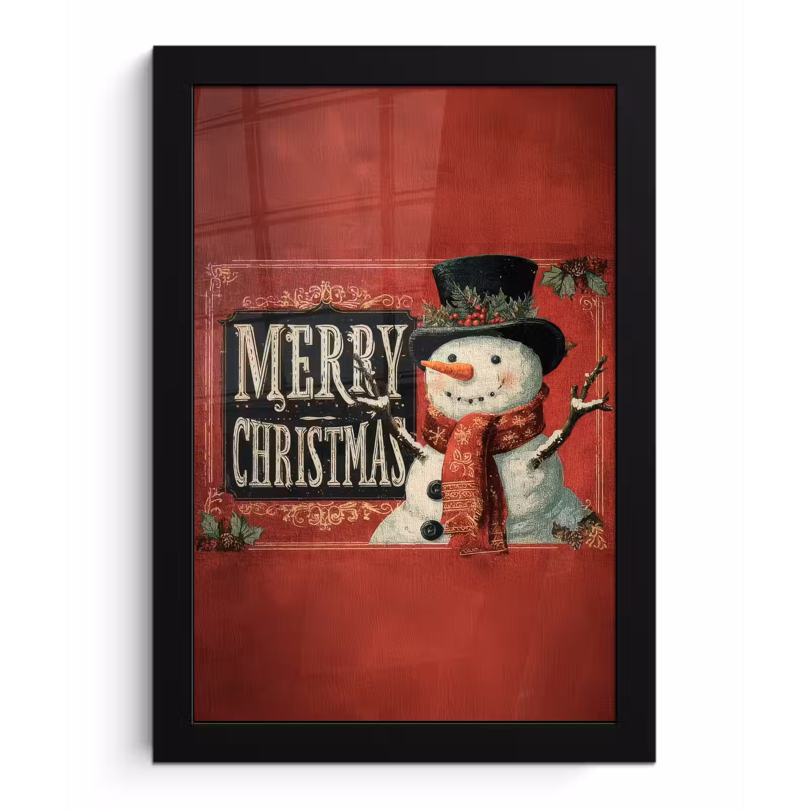 Poster met lijst - Klassiek - Kerstgroet - Sneeuwpop - Rood — 1