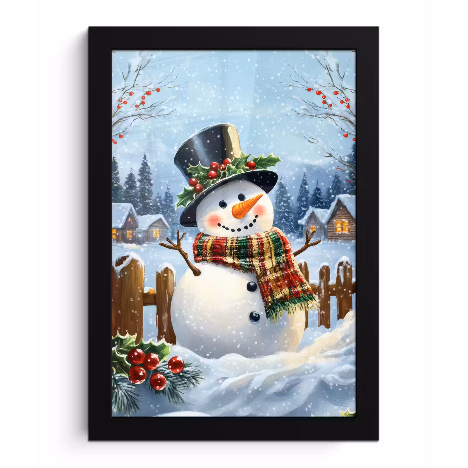 Poster met lijst - Sneeuwpop - Winterdorp - Kleurrijk — 1