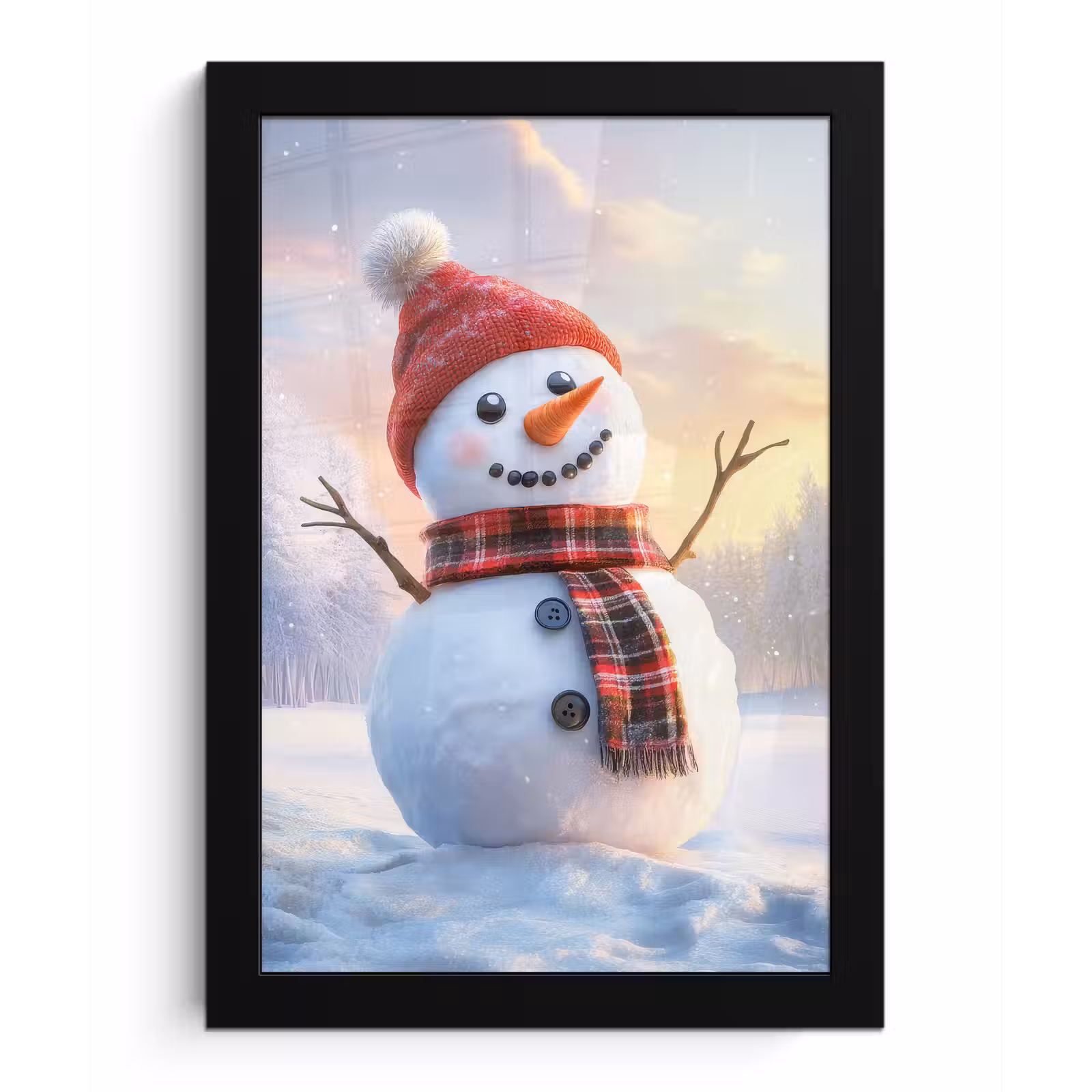 Poster met lijst - Sneeuwpop - Zonsondergang - Wit — 1