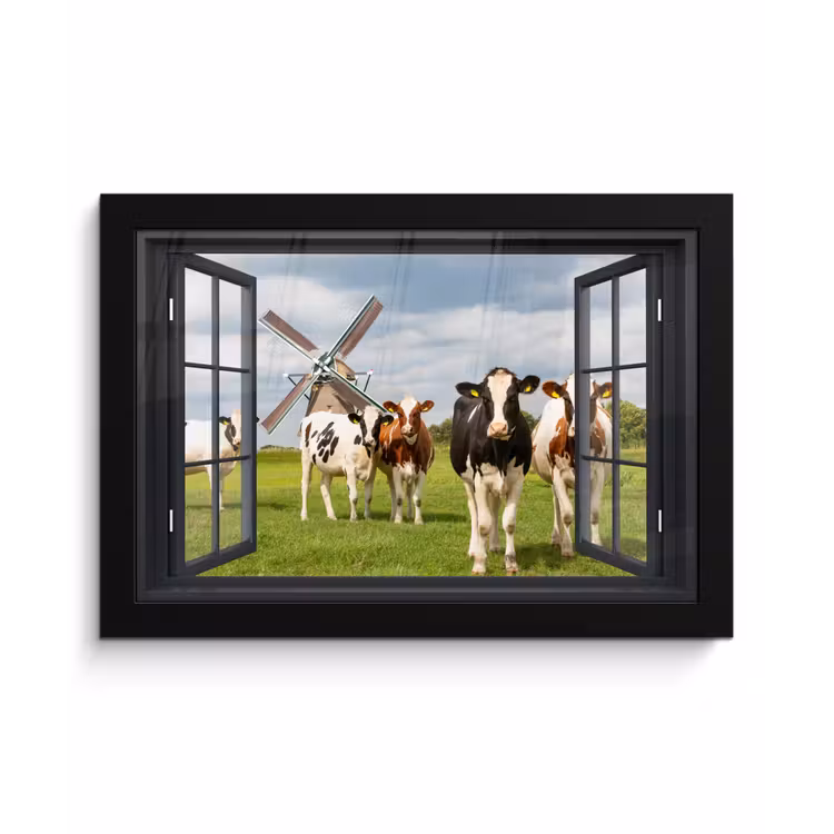 Poster met lijst - Doorkijk - Koe - Molen - Koeien - Weiland - Gras - Groen — 1