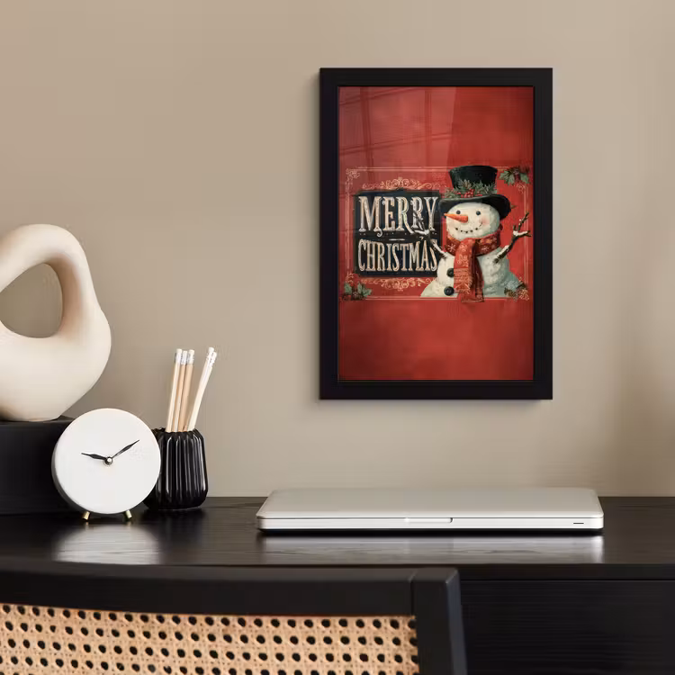 Poster met lijst - Klassiek - Kerstgroet - Sneeuwpop - Rood — 2