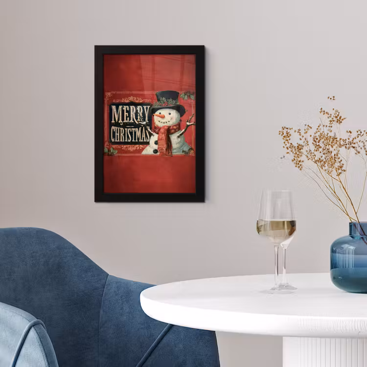 Poster met lijst - Klassiek - Kerstgroet - Sneeuwpop - Rood — 4