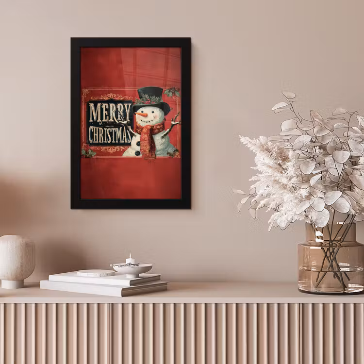Poster met lijst - Klassiek - Kerstgroet - Sneeuwpop - Rood — 5