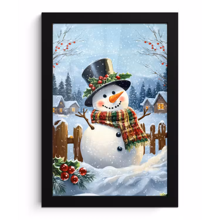 Poster met lijst - Sneeuwpop - Winterdorp - Kleurrijk — 1