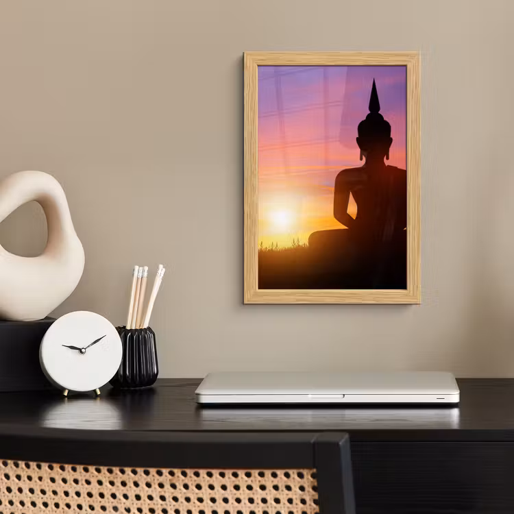 Poster met lijst - Zonsondergang - Horizon - Boeddha beeld - Buddha - Silhouette — 2