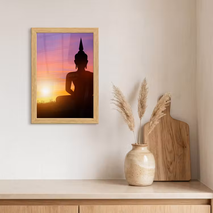 Poster met lijst - Zonsondergang - Horizon - Boeddha beeld - Buddha - Silhouette — 3