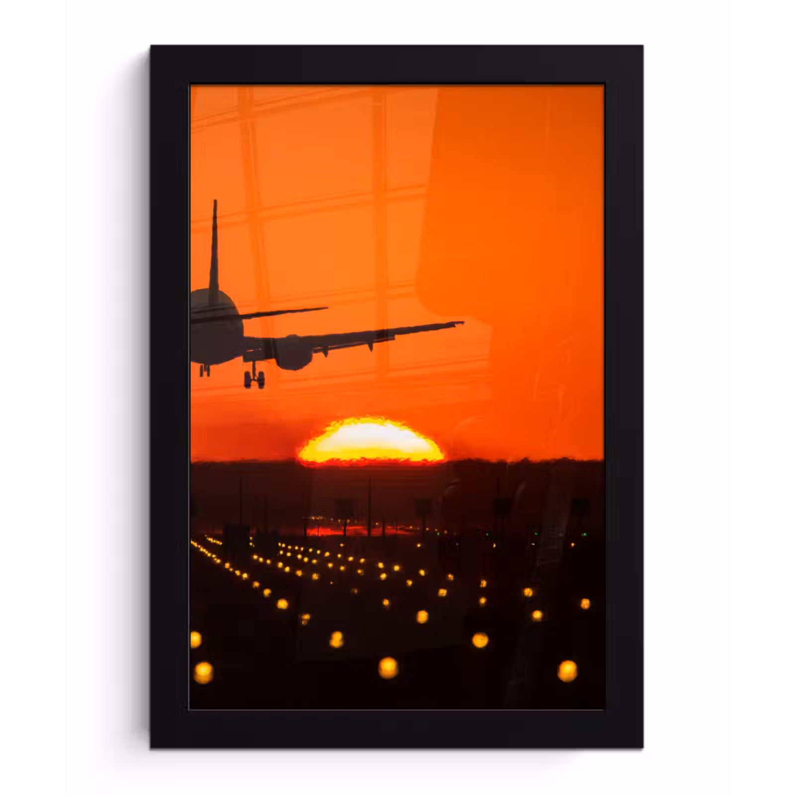 Poster met lijst - Zonsondergang - Vliegtuig - Oranje - Zon — 1