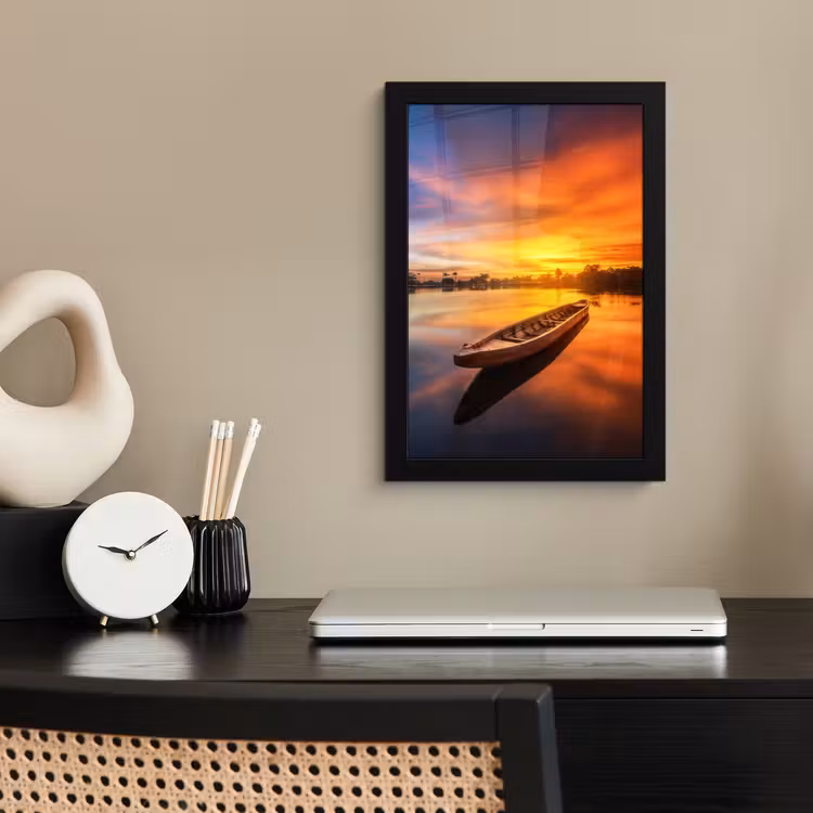 Poster met lijst - Boot - Water - Zonsondergang - Oranje - Water — 2