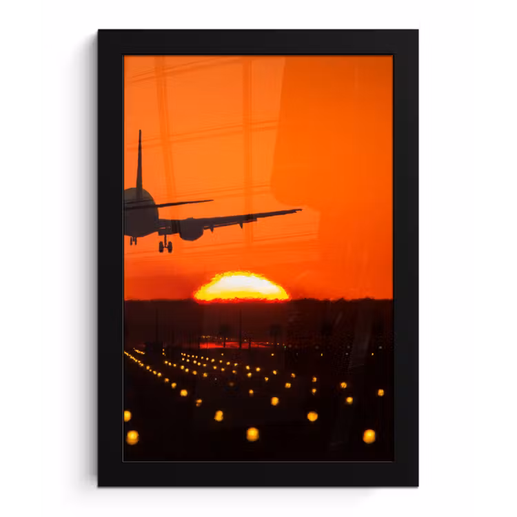 Poster met lijst - Zonsondergang - Vliegtuig - Oranje - Zon — 1