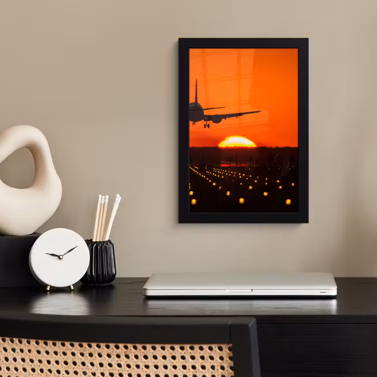 Poster met lijst - Zonsondergang - Vliegtuig - Oranje - Zon — 2