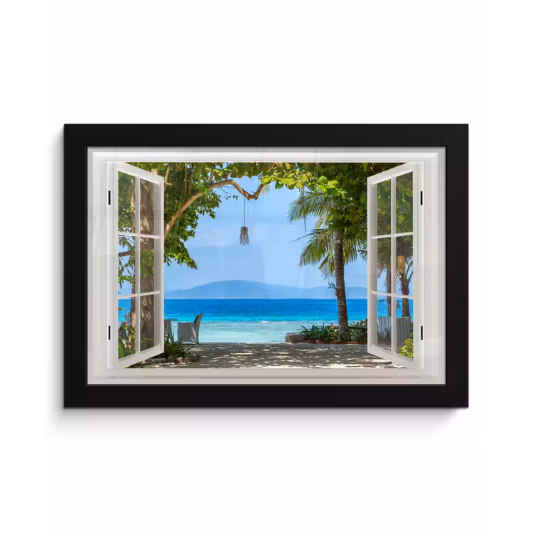 Poster met lijst - Doorkijk - Boom - Zee - Palmboom - Heuvels - Strand - Blauw — 1