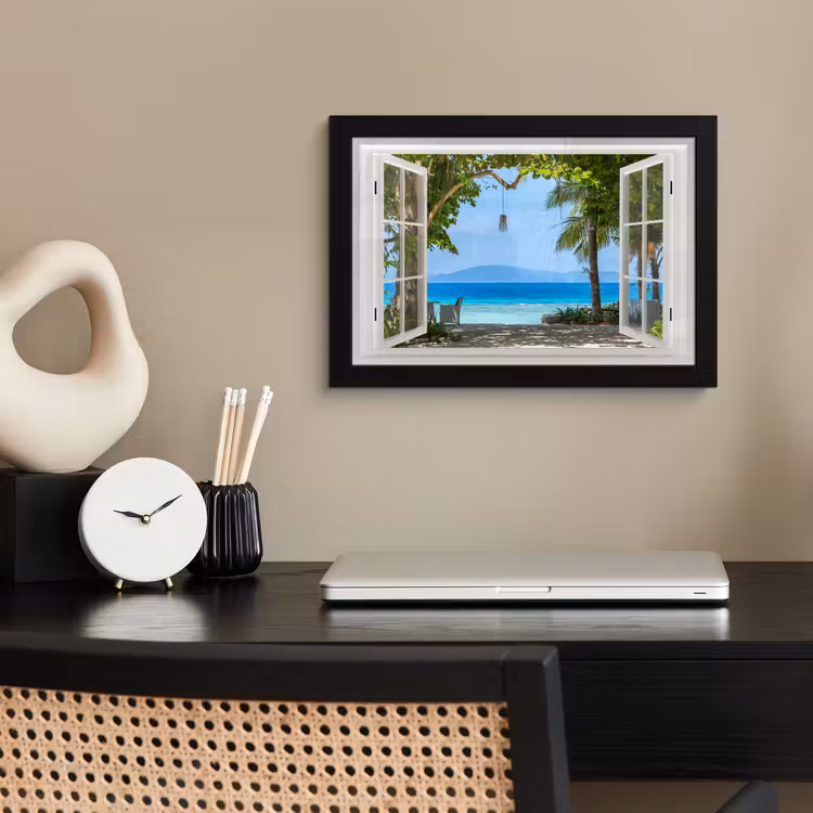 Poster met lijst - Doorkijk - Boom - Zee - Palmboom - Heuvels - Strand - Blauw — 2