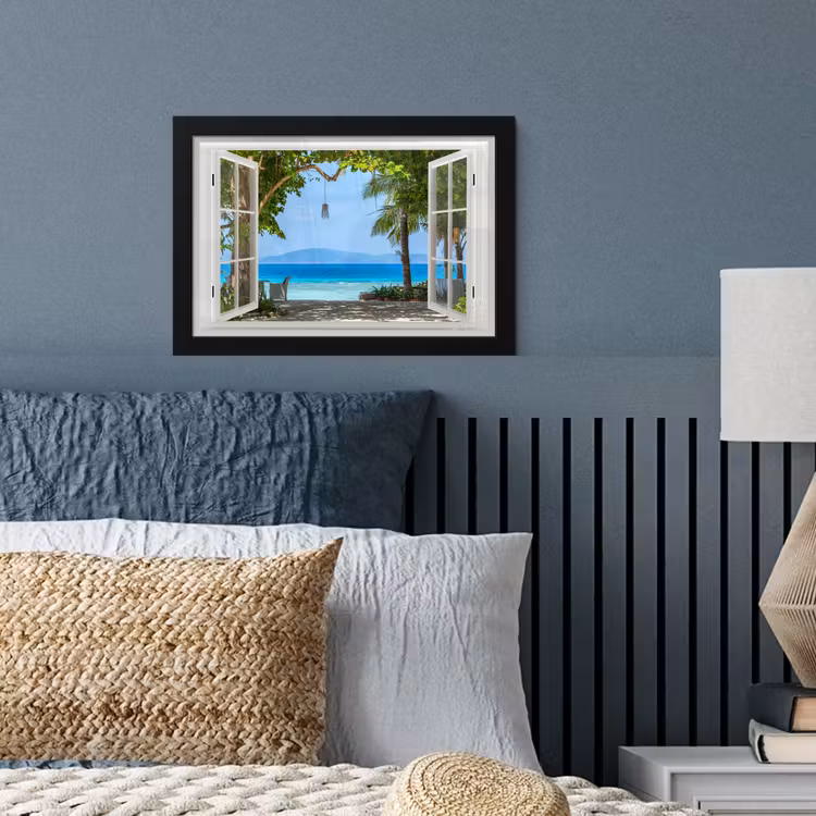 Poster met lijst - Doorkijk - Boom - Zee - Palmboom - Heuvels - Strand - Blauw — 3
