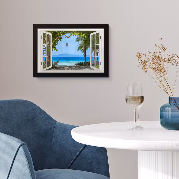 Poster met lijst - Doorkijk - Boom - Zee - Palmboom - Heuvels - Strand - Blauw — 4