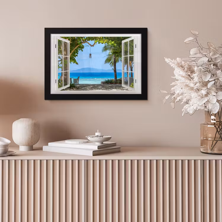 Poster met lijst - Doorkijk - Boom - Zee - Palmboom - Heuvels - Strand - Blauw — 5