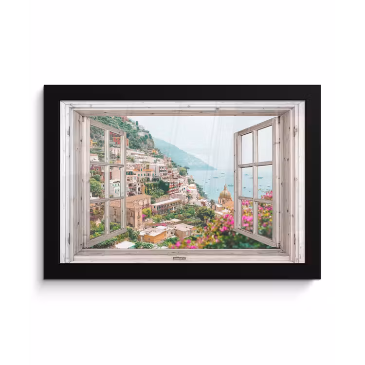 Poster met lijst - Doorkijk - Italië - Bloemen - Zee - Kust - Stad - Bergen — 1